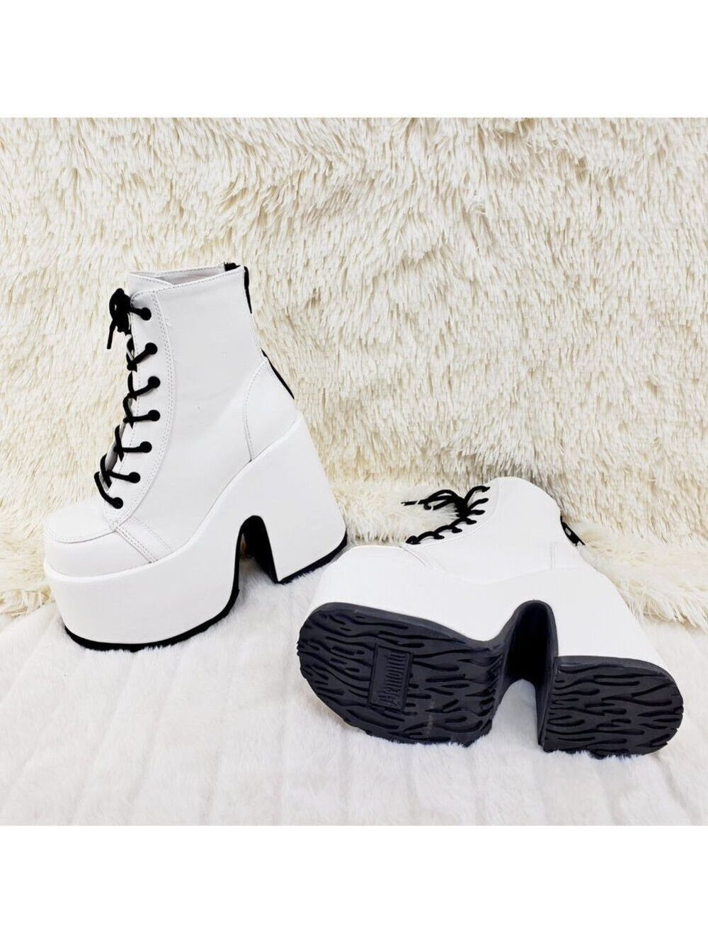 White Matte Chunky Platform Goth Punk Ankle Boots Camel - Picture 8 of 14